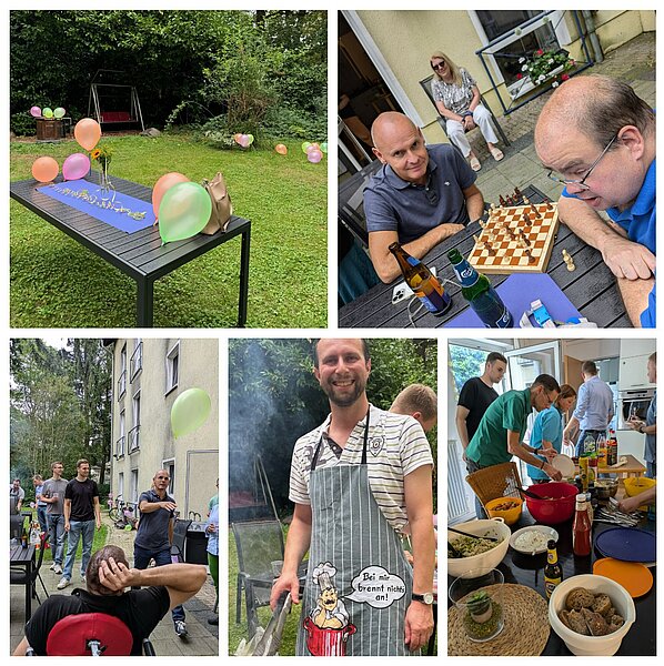 Menschen beim Grillen und mit Dips und Salaten in Küche und Garten