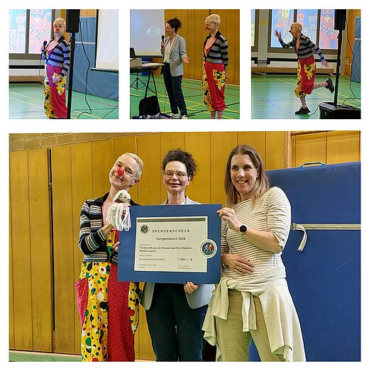 Spendenübergabe mit der Klinikclownin und zwei weiteren Frauen