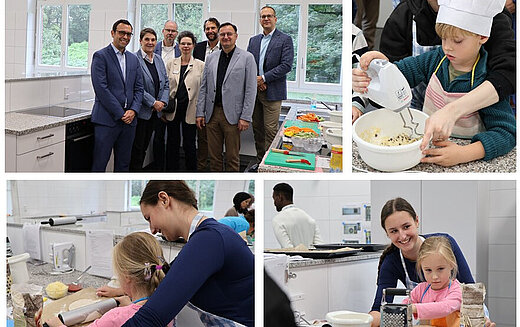 Gruppenbild in der Schulküche und Kinder bei Backvorbereitungen, eine Frau hilft