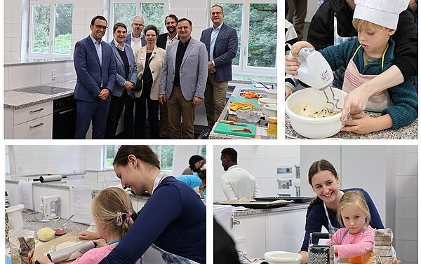 Gruppenbild in der Schulküche und Kinder bei Backvorbereitungen, eine Frau hilft