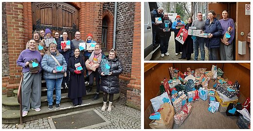 Menschen mit Päckchen und Päckchen auf dem Boden